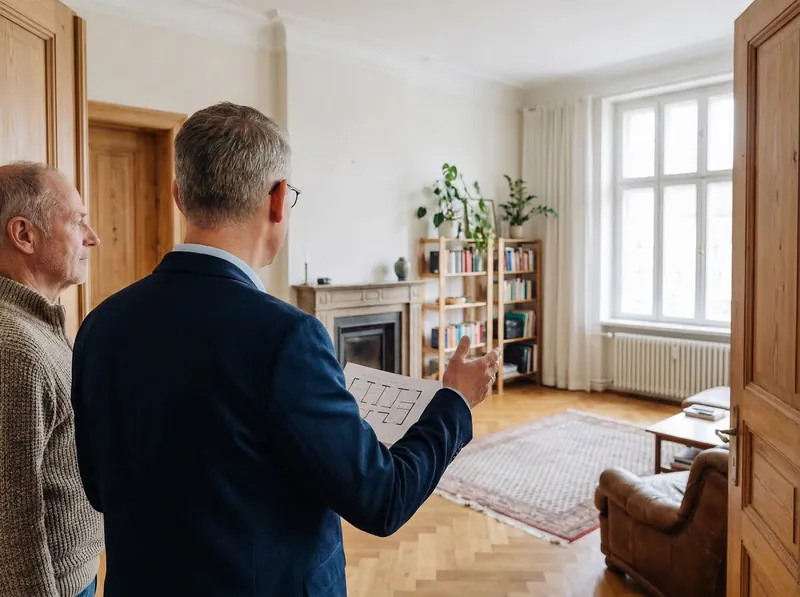 Berater im Gespräch mit einem älteren Herrn in dessen Wohnzimmer
