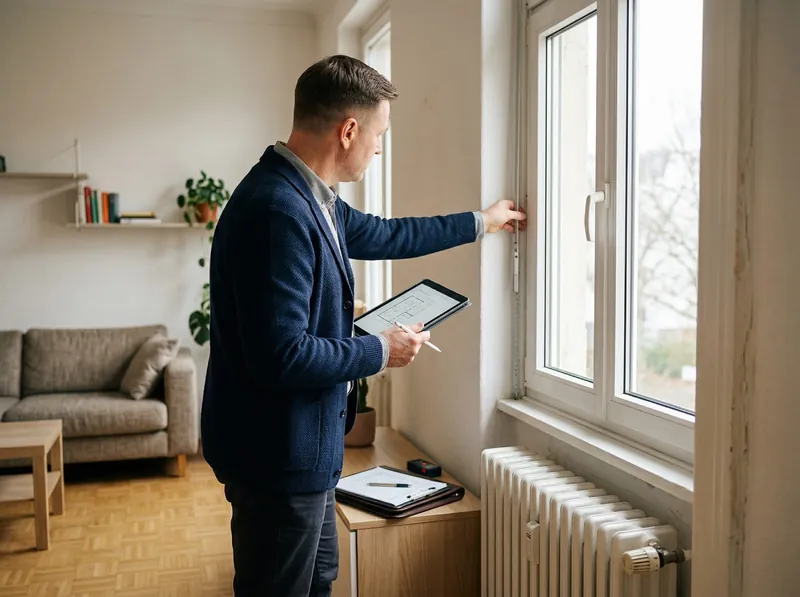 Berater prüft bei einer Besichtigung die Fenster und notiert Details auf dem Tablet