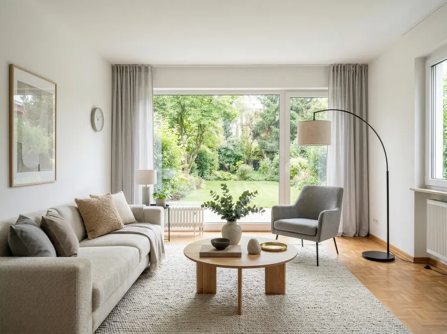 Gemütlich eingerichtetes Wohnzimmer mit Blick in den Garten
