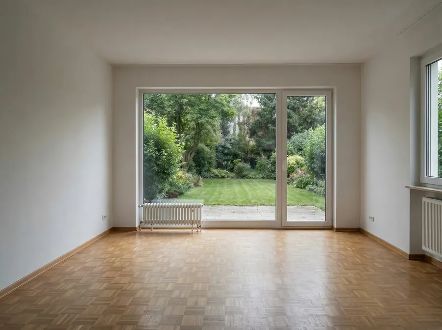 Leerer, heller Raum mit Parkett und Terrassentür